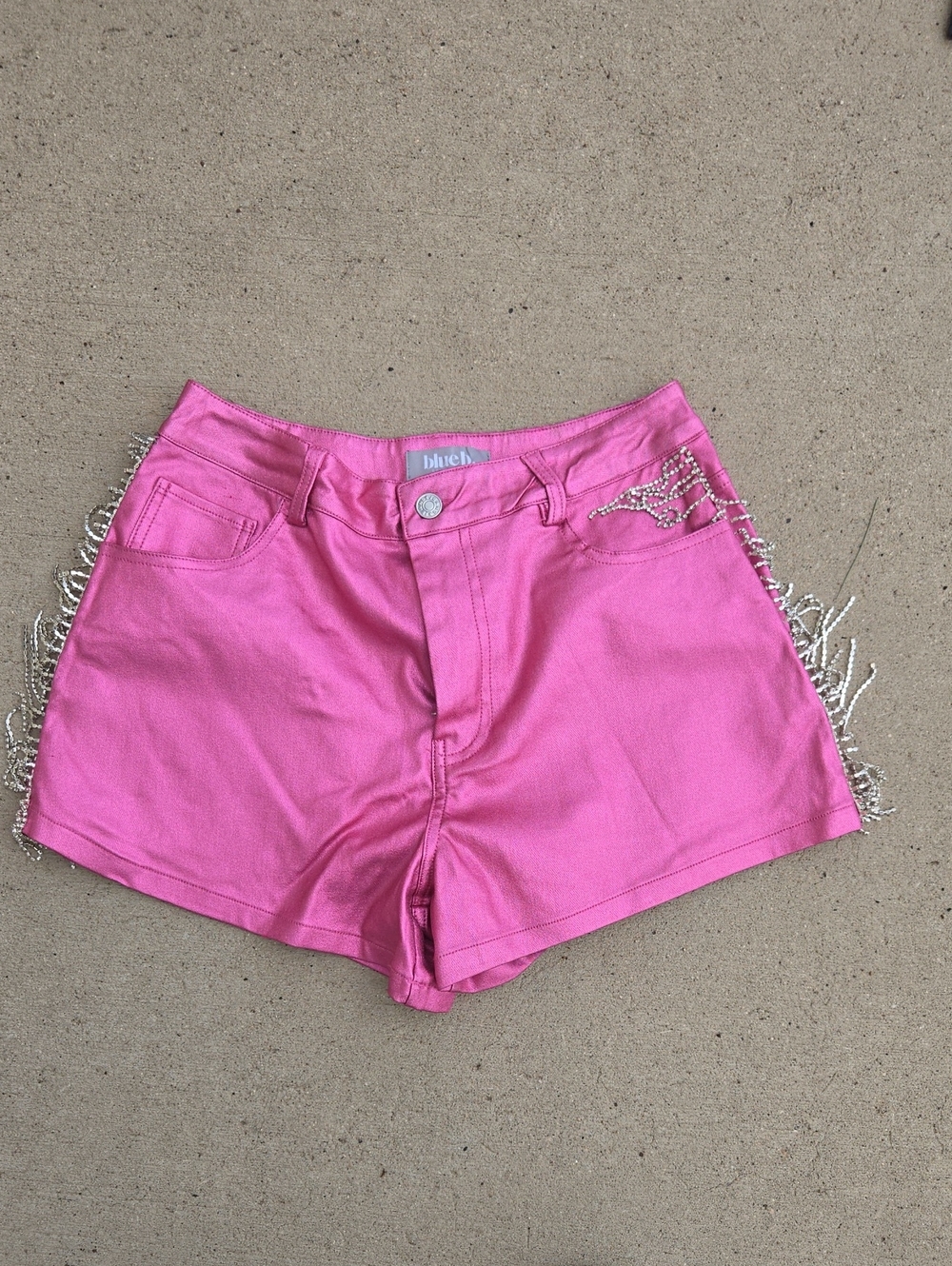 Blue Blush Buckle Bright Pink Denim Fringe Side Shorts Sz M